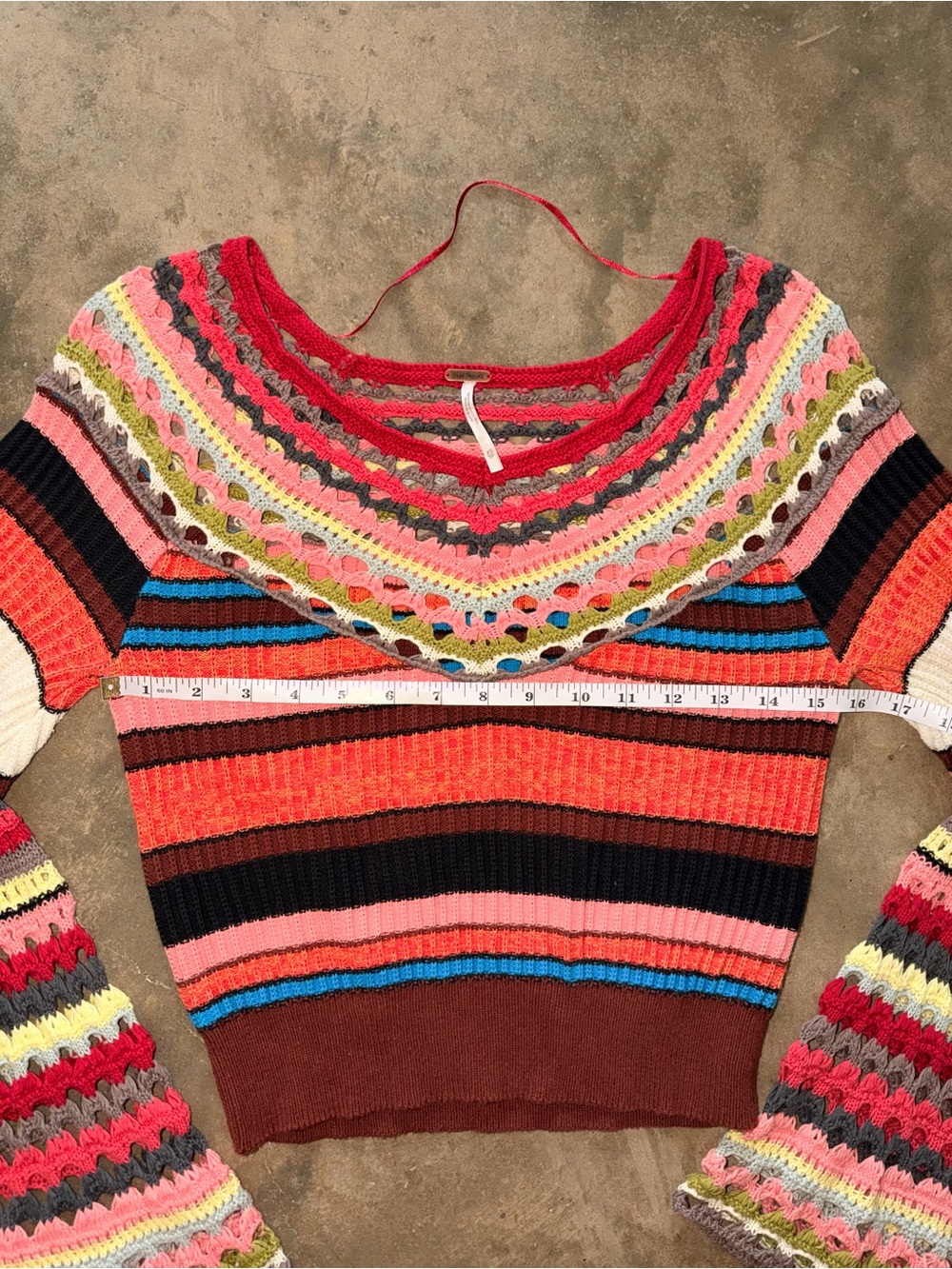 Free People Crochet Bell Sleeve Crop Sweater XS Boho Festival Stripe - Picture 4 of 9